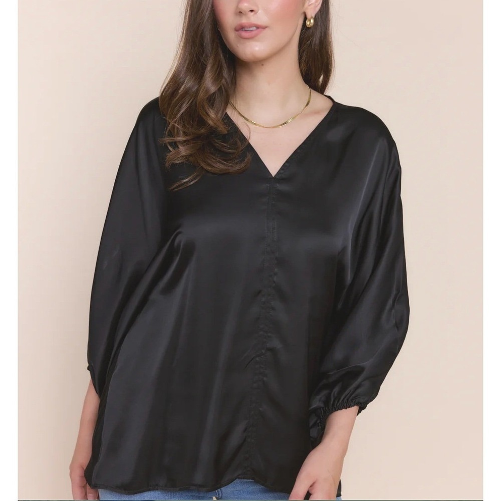 Sofia Made in Italy Black Silk Blend Blouse V-Neck Long Sleeve Top Size M